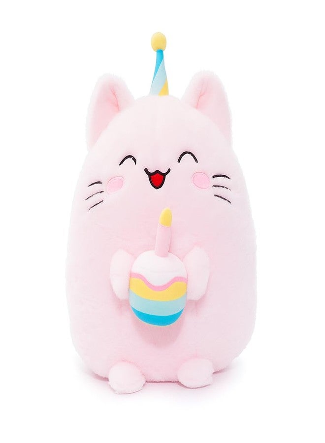 WEIGEDU Adorable Pink Birthday Cat Plush Toy Pillow with Party Hat & Birthday Cake - Soft, Huggable, for Kids and Collectors, 15.75 inches - Image 1